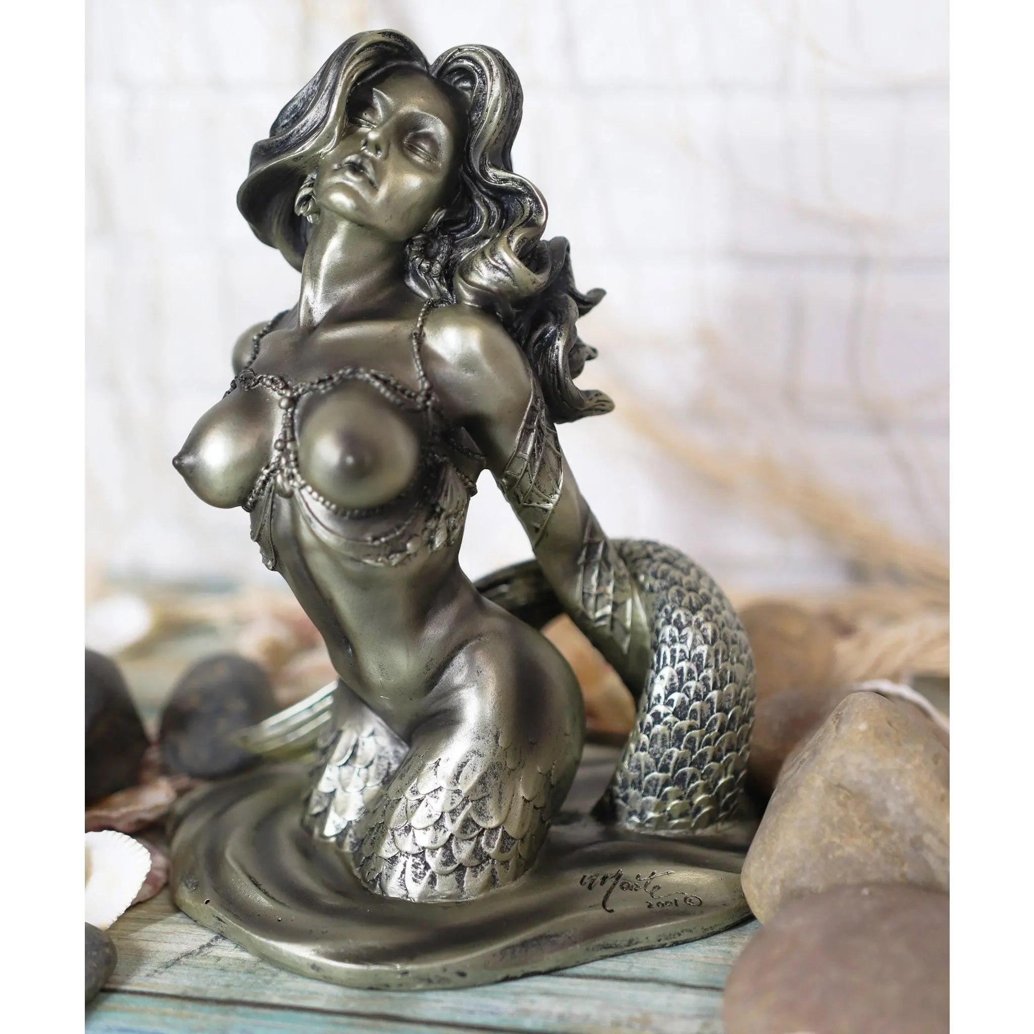 Ebros Aged Bronze Resin Nude Seductive Mermaid Statue 7.25" Tall