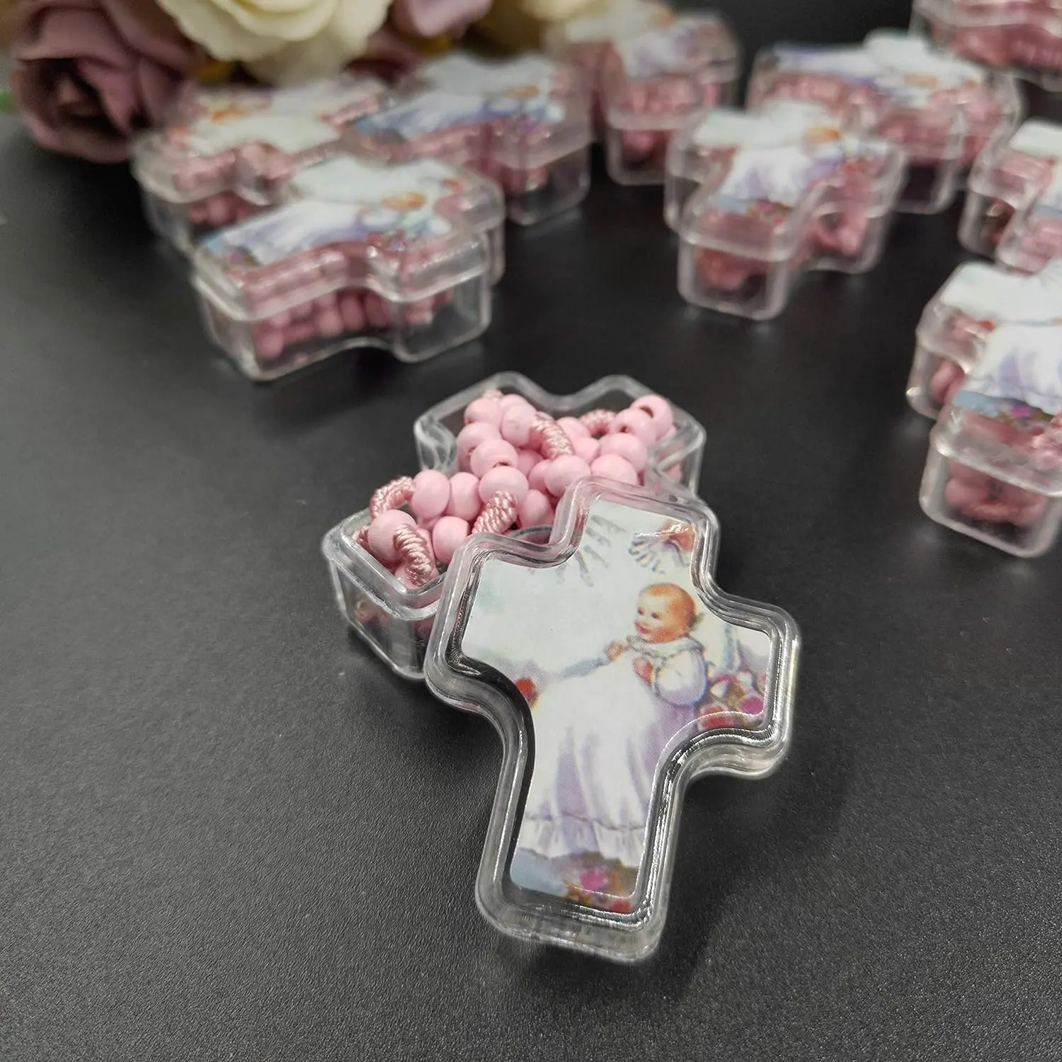 US LUOKASI 12pcs Baptism Favors Pink Beads Rosary in Clear Plastic Cross Box Perfect for DIY Baptism Favors Holy Communions Recuerdo De Bautizo Quinceanera Christening Primera Communion Gifts Wedding Baby Shower Souvenirs