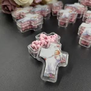 US LUOKASI 12pcs Baptism Favors Pink Beads Rosary in Clear Plastic Cross Box Perfect for DIY Baptism Favors Holy Communions Recuerdo De Bautizo Quinceanera Christening Primera Communion Gifts Wedding Baby Shower Souvenirs