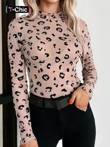 Hotapei Sexy High Neck Sheer Mesh Leopard Print Bodycon Fitted Long Sleeve Jumpsuit, Spring & Fall Fashion, Slim Fit One-Piece Bodysuits