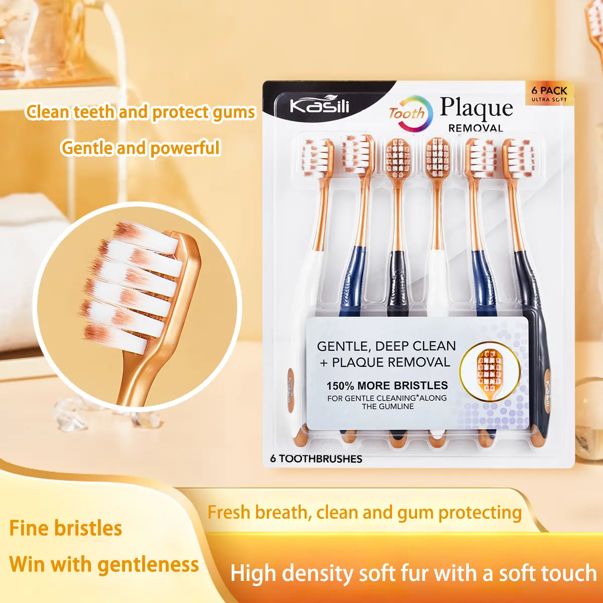 6-Pack The same toothbrush from Sam's Supermarket, with a wide brush head, densely planted square-hole bristles, soft and fine bristles, and a non-slip handle.