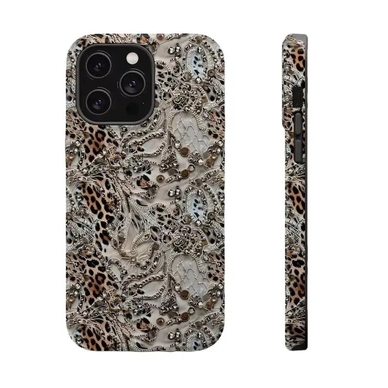 Jeweled Leopard Lace iPhone 12 Casing - Glamour Animal Print Durable Rubber Phone Protector, Shock Resistance Accessory for Wireless Charging, Crisp Color Cellphone Accessory