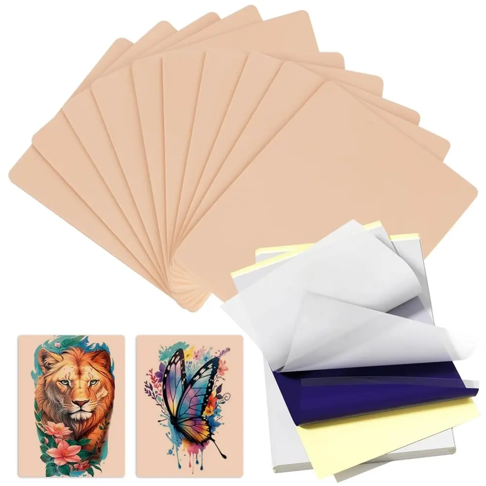 Tattoo Practice Set - 60Pcs Kit with 50Pcs Transfer Paper, 10Pcs Double-Sided Fake Skins for Sports & Outdoor Leisure Recreation Equipment Use