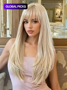 22 Inch Long Straight Wigs for Women, Gorgeous Fluffy Wigs with Bangs, Synthetic Full Machine Wigs for Party, Daily Use, Synthetic Hair Wigs
