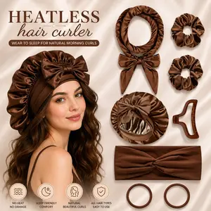 8Pcs Luxury Satin Heatless Curling Set, No Heat Overnight Hair Curler Kit with Satin Bonnet, Curling Headband, Scrunchies, Hair Clip & Hair Ties, Wake Up to Soft Curls, Smooth Waves & Frizz-Free Beauty Sleep Styling