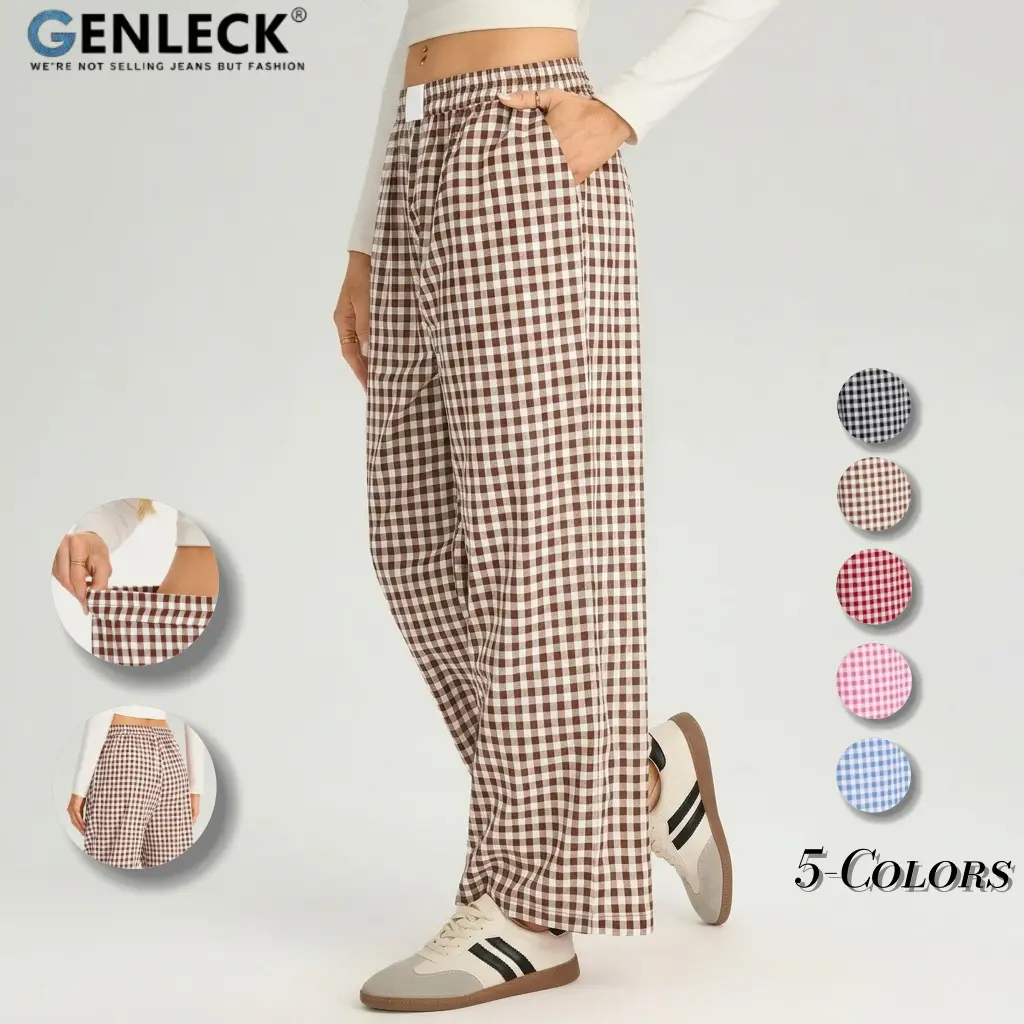Genleck Women's Cotton Plaid Pajama Pants Gingham Lounge Trousers with Pockets Casual Y2K Sleep Pants Wide Leg Bottoms for Loungewear & Nightwear
