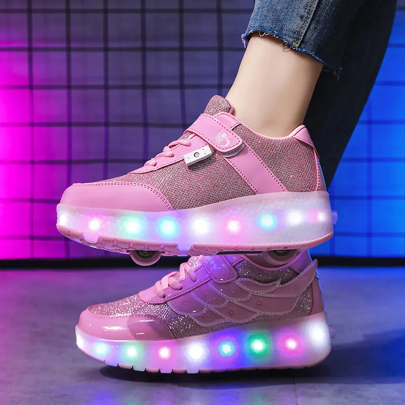 Girls' 2-in-1 Roller Skate Shoes, Blush Pink PU Leather Casual Sports Trainers with a Light-Up Retractable Wheel and Velcro Strap, Casual Trainer Shoes, Led Lights, Female, Perfect Gift