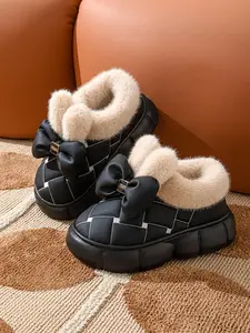 Women's Fashion Ankle-High Cotton Slippers Bowknot Design Slides, Casual Home Slippers Fall & Winter Waterproof Eva Sole Shoes, PU Leather Casual Style, Thick Bottom Design