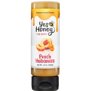 Yes Honey I'm Hot- Peach habanero Hot Honey - 12 oz Bottle Full of Sweet Heat Flavored Naturally with freeze dried ingredients Honey, Peaches and Habanero Peppers. Allergy Friendly and great for sauce and syrup alternatives No high fructose corn syrup