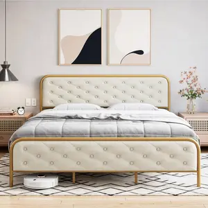【GARVEE】King Size Bed Frame with Elegant Button Tufted Curved Headboard, Velvet Upholstered Platform Bed Frame, Golden Heavy Duty Mattress Foundation, Noise Free, No Box Spring Needed, Gold-Beige