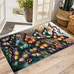 Floral Butterfly Pattern Welcome Door Mat, Indoor Outdoor Entrance Home Decorative Rug, Lightweight Design Non-Slip Washable Mats for Kitchen Laundry Room Bathroom
