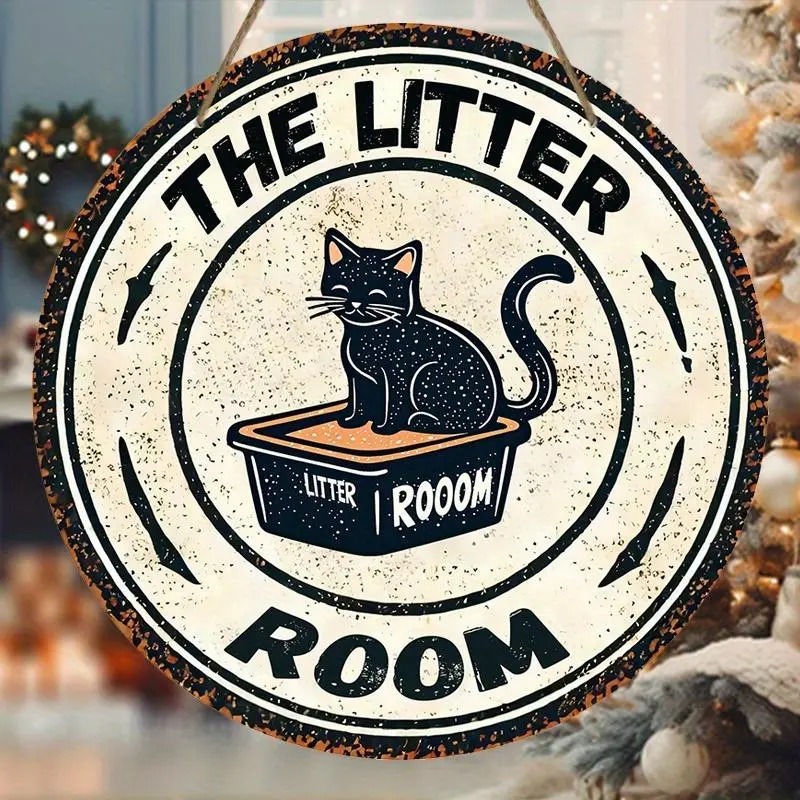 The Litter Room Sign Black Cat Pattern Wooden Hanging Sign, Round-shaped Hanging Wall Decor, Holiday Party Decor, Home Decor