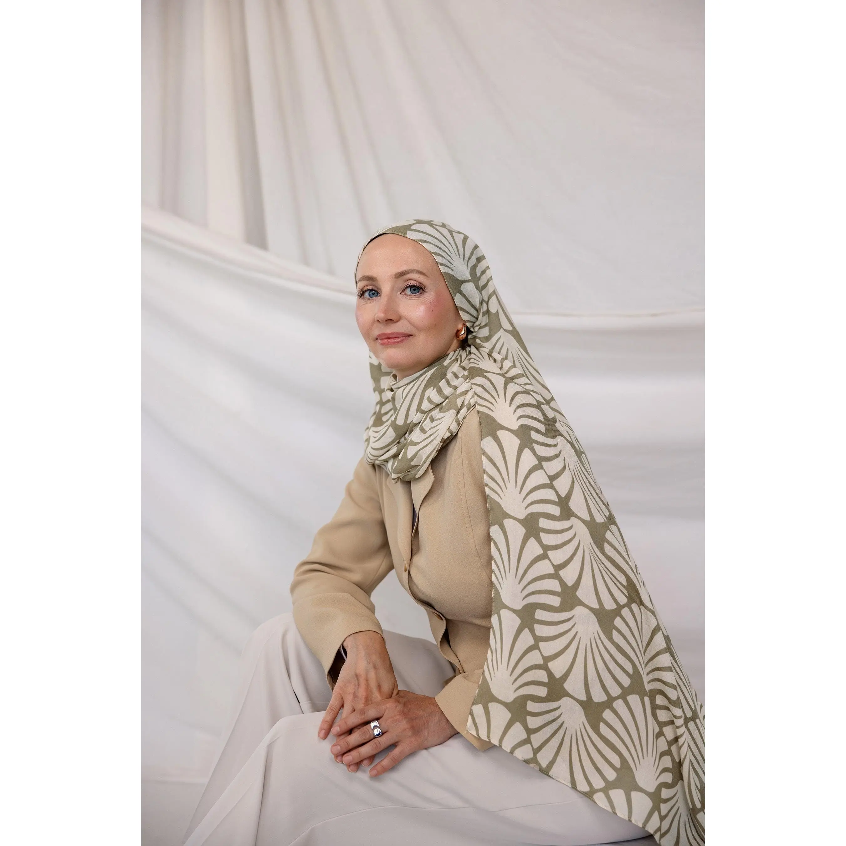 Women's Modest Hijab, Square Scarf for Muslim Women with Green Gray Seashell Print, Breathable and Smooth Finish, Women's Clothes, Hijab Style