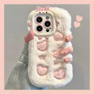 [Buy 1 Get 1 Free]  Phone Case 14 Pro Plush Phone Case Cute TPU Heart 17 Embroidery Autumn Winter 16 Compatible iPhone 15 Protective Case