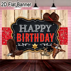 2D flat banner, Wall Decor Banner, 1pc Rustic Western Birthday Decoration Set, Happy Birthday Sign with Sheriff Star, Cowboy Boot and Hat, Western-Themed Party Decor for Adult Celebration, Indoor Backdrops