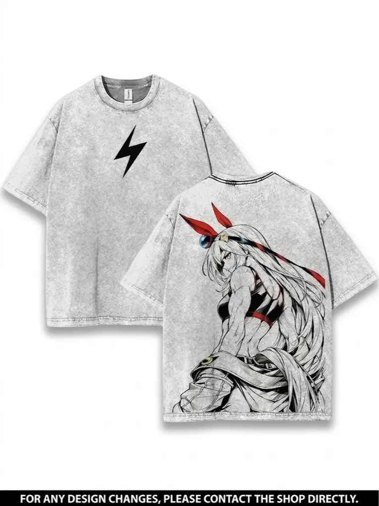Tamamo Cross T-Shirt Vintage Acid Wash Oversized T-Shirt Y2K Streetwear Anime Girl Graphic Tee Lightning Bolt Unisex Casual Top