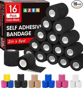 AZEN 16 Pack Self Adhesive Bandage Wrap Black, 2" X 5 Yards Black Athletic Tape, Vet Wrap, Tattoo Grip Tape Wrap，Ankle Tape, Cohesive Bandage Wrap