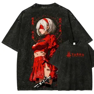 Vintage Washed NieR: Automata 2B Graphic Tee | Anime Game Oversized Streetwear T-Shirt | Unisex Red Outfit Samurai Print, Premium Cotton, Distressed Black | Perfect for Nier Fans & Gamers | Sizes S-3XL