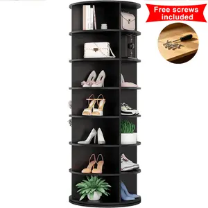 7 Tier Rotating Shoe Rack Tower, Spinning Shoe Display Lazy Susan, Revolving 360 Shoe Rack Storage Round Carousel, Vertical Handbag Rotate Shoes Closet Organization (7-Tier Black)