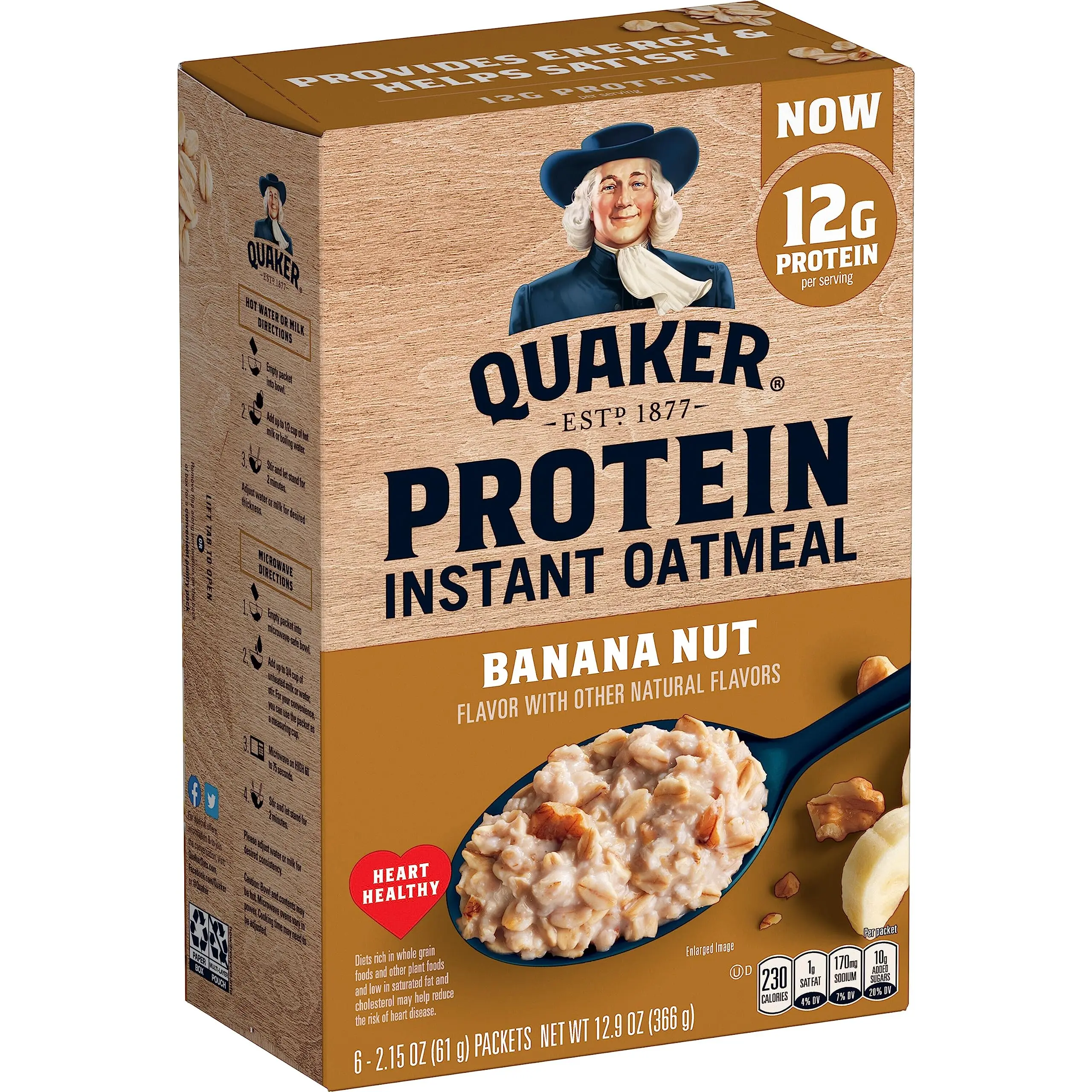 Quaker Protein Instant Oatmeal Banana Nut, 12.9 oz, 6 Count, Whole Grain Breakfast with 10g Protein Per Serving