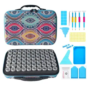Diamond Painting Tool Storage Case Bohemian Style Portable Shockproof Organizer Kit with Multi-Point Drill Pens Tweezers Funnel Scraper Tray and 60-Grid Bead Bottles for DIY Craft Lovers Cross Stitch Diamond Art Accessories