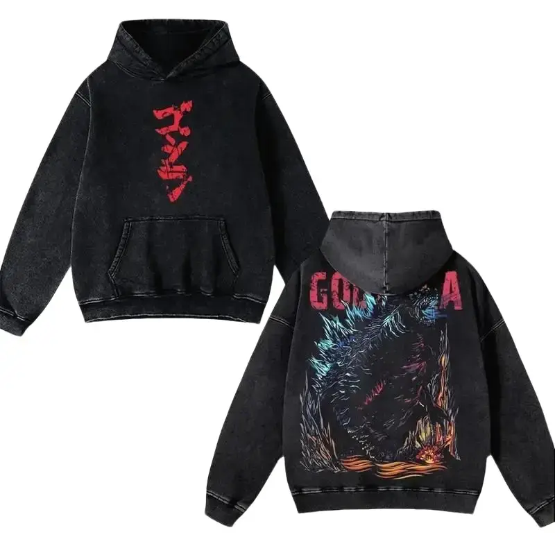 Godzilla Anime Graphic Vintage Acid Wash Hoodie | Heavyweight Cotton Blend Oversized Streetwear Sweatshirt | Premium Quality Kaiju Print Gift for Men & Women Harajuku Aesthetic Pullover