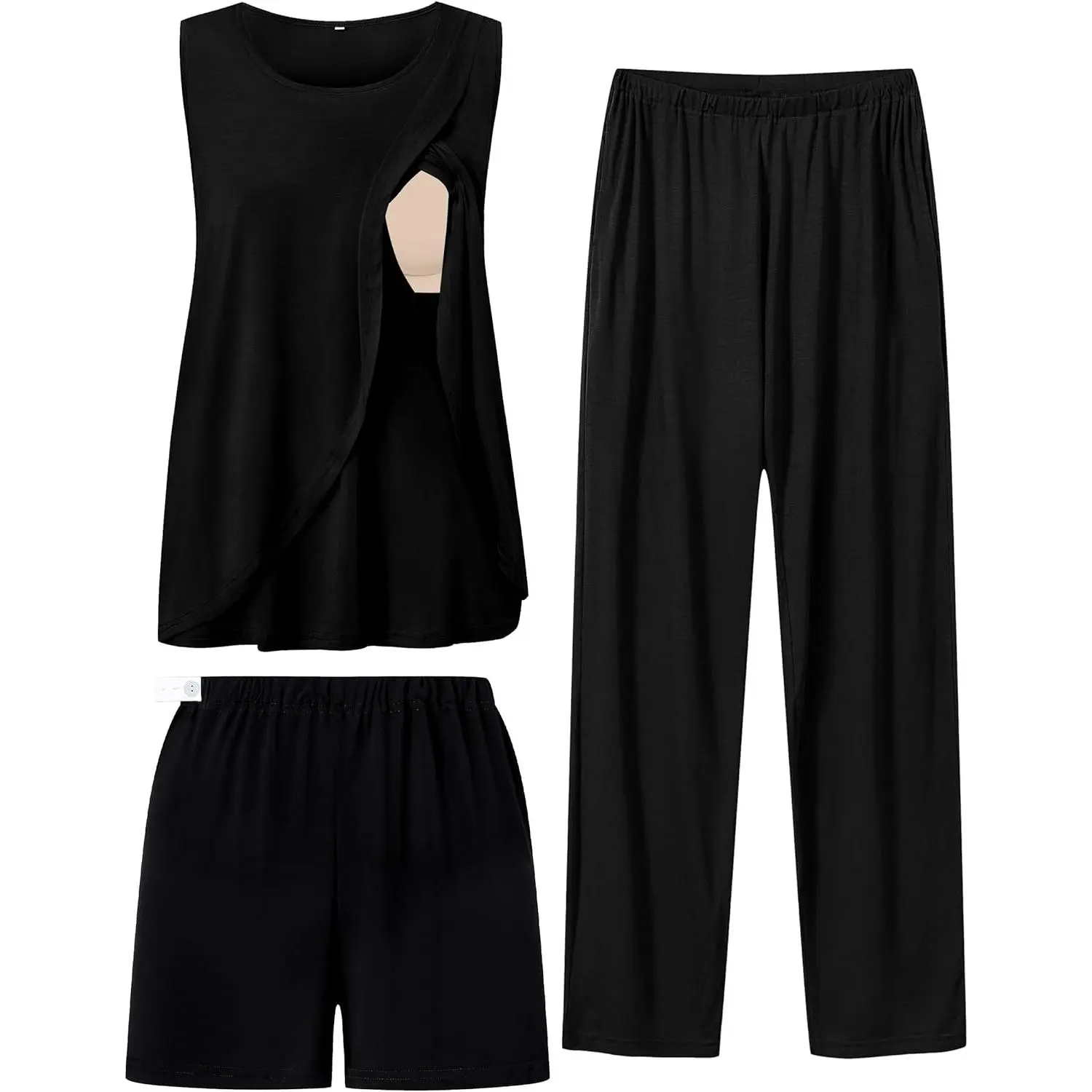 Women Maternity Pajama Set 3Pcs Nursing Pjs Sleeveless Pregnancy Set Breastfeeding Pjs Double Layer with Pockets