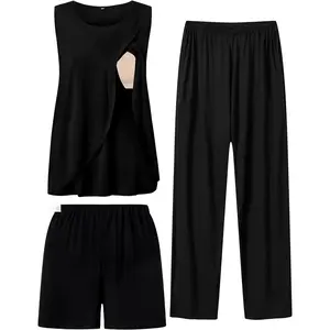 Women Maternity Pajama Set 3Pcs Nursing Pjs Sleeveless Pregnancy Set Breastfeeding Pjs Double Layer with Pockets