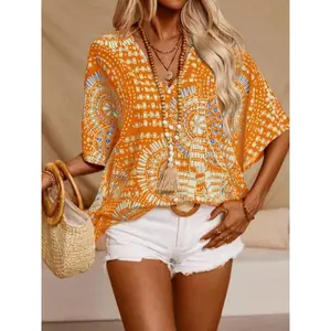 2025 Plus Size Printed V-Neck Batwing Sleeve Top - Trendy Vacation Blouse - Loose Fit Plus Size Women'S Clothing Shirts Elegant