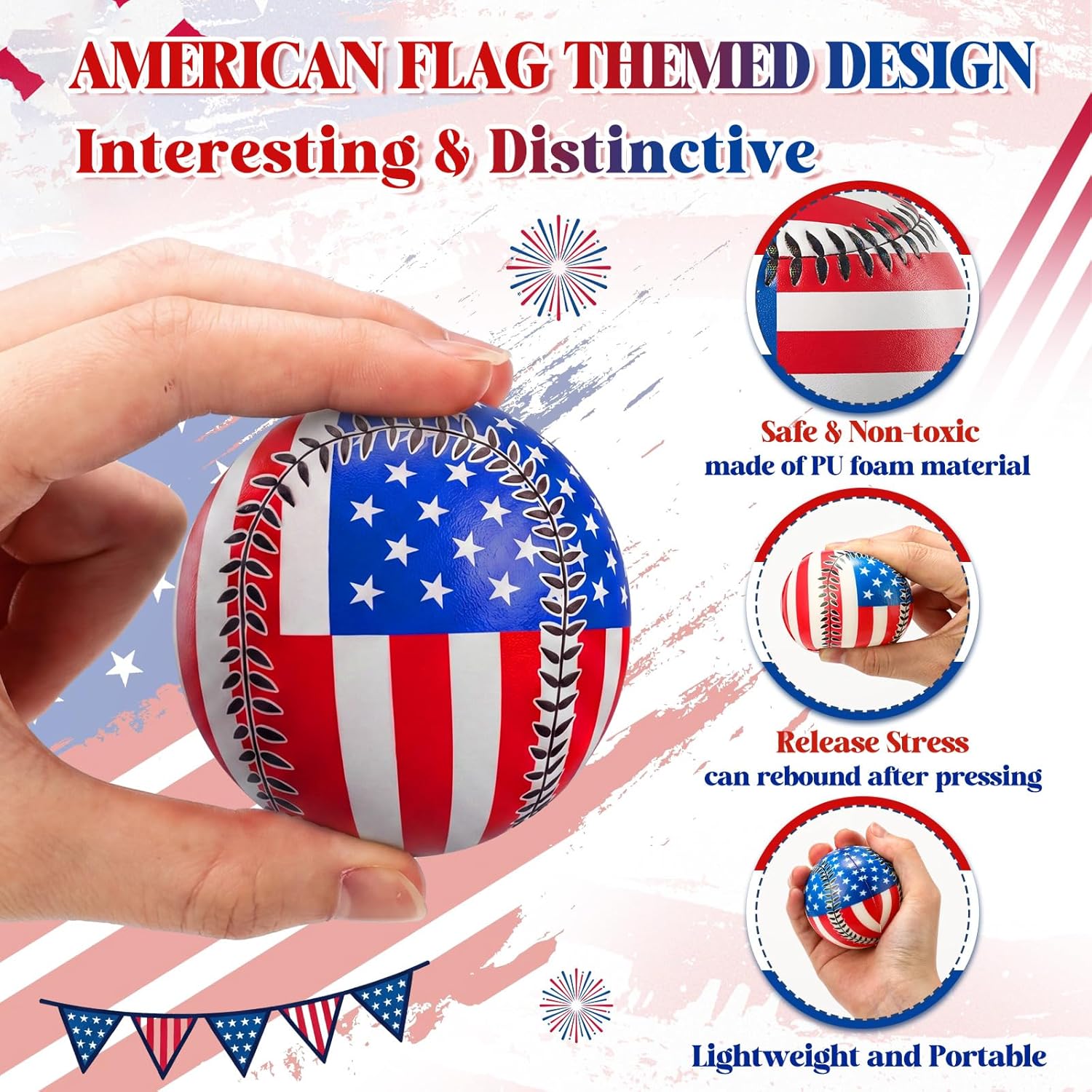 24 Pcs Unisex 4th of July Mini Patriotic Design Baseball Stress Balls - Red White Blue American Flag Foam Relief Toys, Sports Relief for 3-4 Years