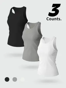 Women's Breathable Sleeveless Fitness Sporty Sports Tank Tops, Fitted Summer Casual Undershirt, 3 Piece Set, Plain Pattern, Comfortable and Versatile, Activewear