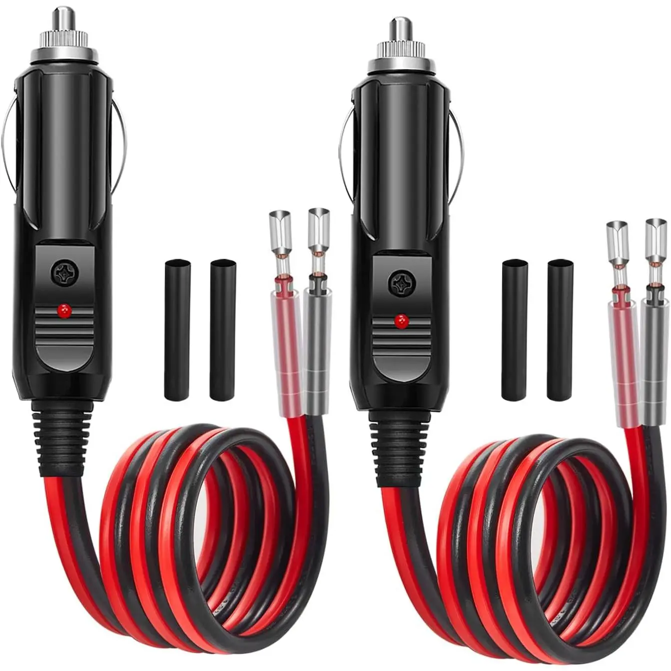 2 Pack 12V / 24V 15A Car Cigarette Lighter Plug, 16AWG Heavy Duty Fused Male Plug Adapter with LED Light, Replacement Cigarette Lighter Socket Cord (Black Heat Shrink Tubing Included)