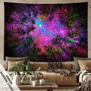 Mysterious Forest Night Scene Fluorescent Tapestry, Fantasy Galaxy Polyster UV Blacklight Tapestry, Wall Hanging For Living Room Bedroom Office Home Decor/Room Decor/Party Decor