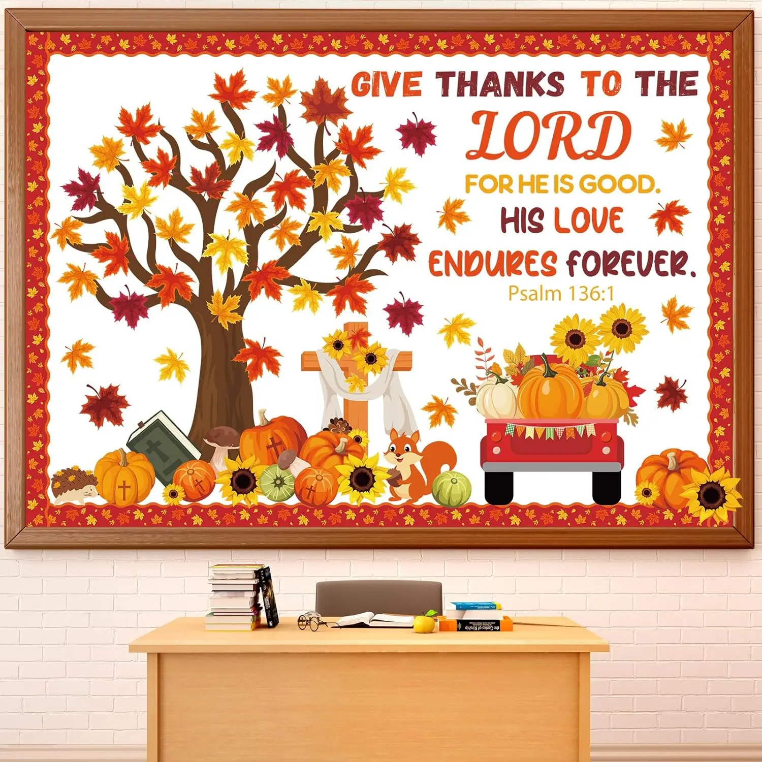 Fall Tree Bulletin Board Classroom Decorations Religious Fall Tree Sunflower Pumpkin Cross Cutout Christian Bulletin Board for Autumn Thanksgiving Church Sunday School Classroom Wall Decor