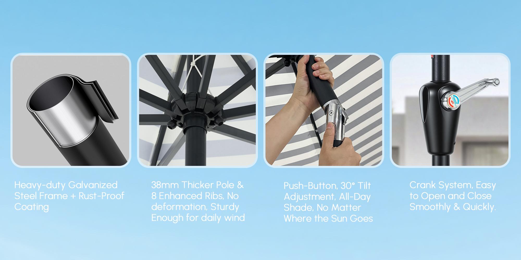 10Ft Classic MidCentury Scalloped Fringe Market Patio Umbrella with One Button Tilt, Handle Crank Solar powered Outdoor Parasols, Wind Vent and UV Protection for Garden Lofi Porch Pool, Premium