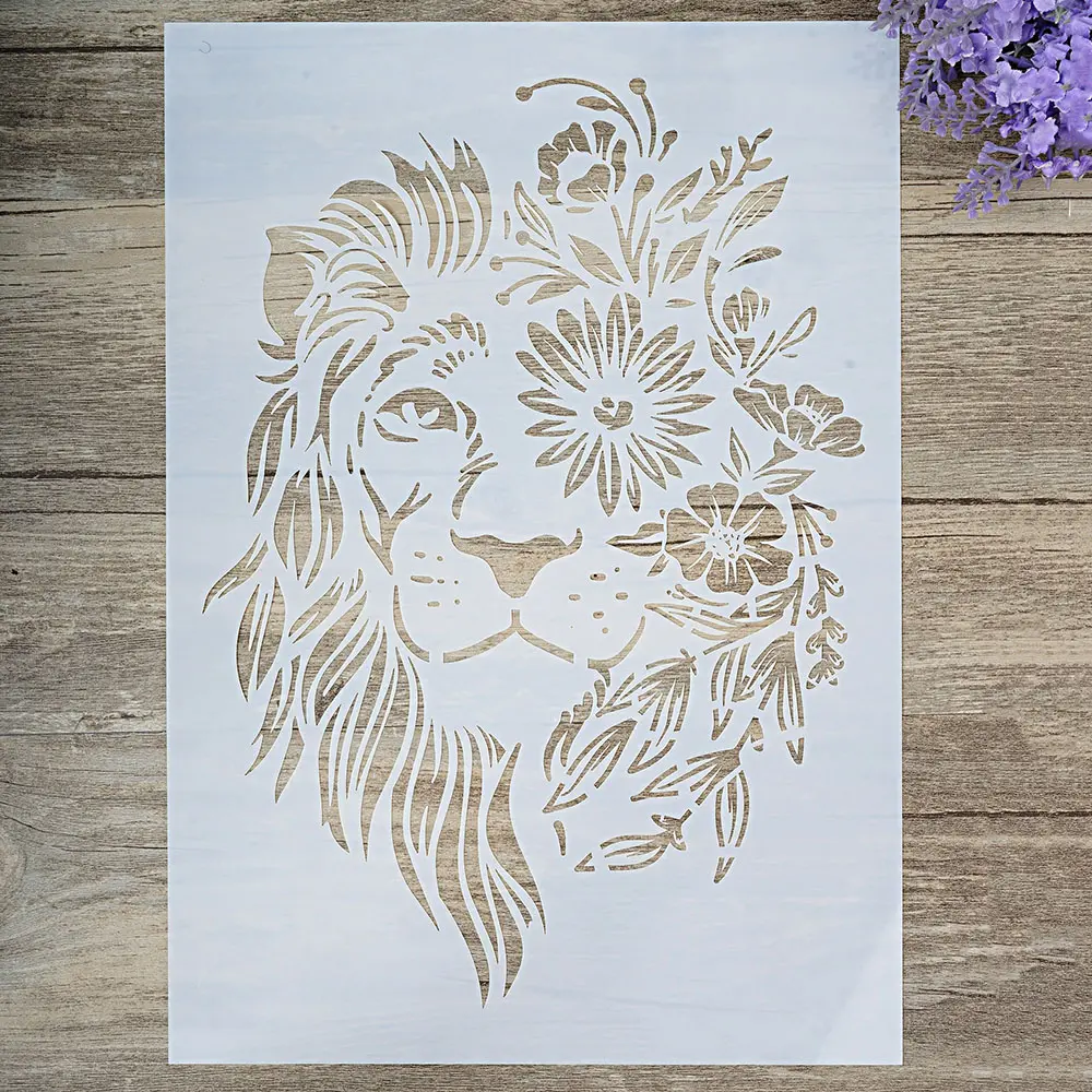 A4 Painting Template, Reusable Hollow Out Lion Floral Pattern DIY Drawing Template, Scrapbooking Painting, Scrapbooking Tool for Wood Canvas Floor Wall, Handmade Crafts