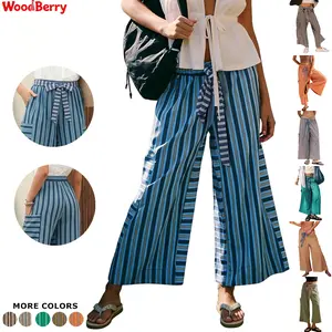WoodBerry Women Drawstring Striped Pants Loose Wide Leg Lounge Pants Casual Palazzo Pants Trousers with Pockets Lightweight Womenswear summerwins
