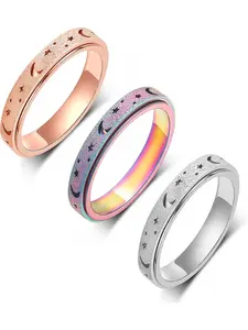 Fidget Anxiety Ring for Women-3Pcs 4MM Rainbow Rose Gold Silver Moon Star Hollow Stainless Steel Spinner Rings for Anxiety Stress Relief Gift for Women party birthday size 6-10