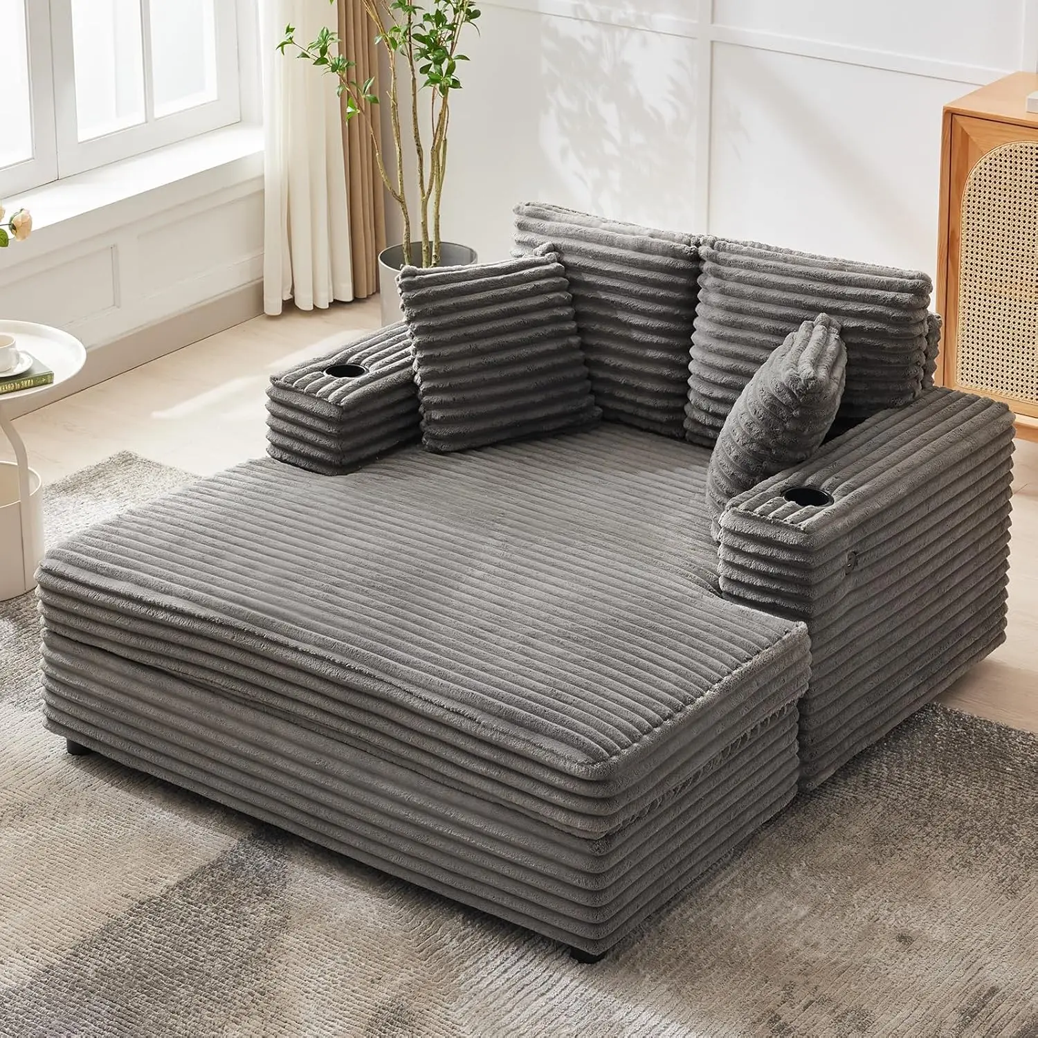 60-inch Oversized Chaise Lounge Chair Indoor, Comfy Corduroy Lounge Sofa with Charging Station, Cup Holders & Throw Pillows, Cozy Sleeper Couch for Living Room Apartments, Grey