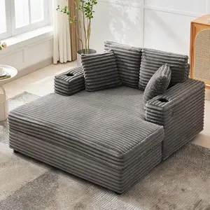 60-inch Oversized Chaise Lounge Chair Indoor, Comfy Corduroy Lounge Sofa with Charging Station, Cup Holders & Throw Pillows, Cozy Sleeper Couch for Living Room Apartments, Grey