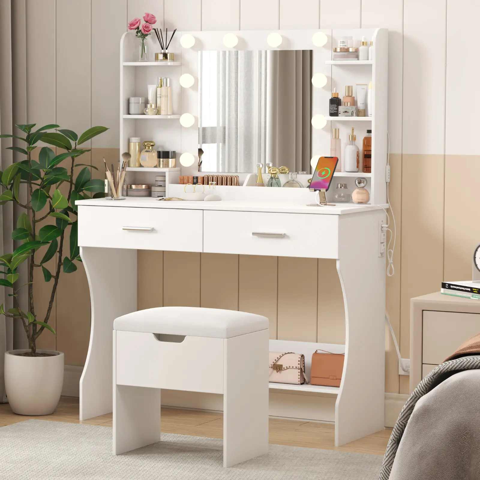 Lifewit White Makeup Desk Vanity with  Storage Stool, Mirror and Lights, Adjustable Color/Brightness