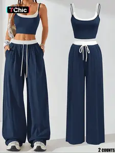 Two-Piece Set Women's Colorblock 2 in 1 Cami Top & Wide Leg Pants Set, Casual Sleeveless Top & Pocket Trousers, Ladies Summer Clothes, Casual Lounge Set