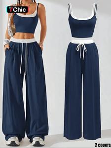 two-piece set women's colorblock 2 in 1 cami top & wide leg pants set, casual sleeveless top & pocket trousers, ladies summer clothes, womenswear, summer outfits set, matching clothing set, sleeveless matching sets