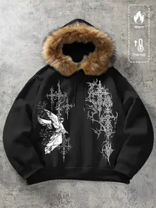 Unisex Y2K Gothic Angel Print Hooded Jacket, Sweatshirts, Fleece Lined, Zipper Design, Street Fashion, Casual, Warm and Stylish, Outdoor and Daily, Couple outfits, warm clothing, gothic style, Y2K style Wear