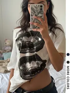 Women's Lip Print Asymmetrical Neck Crop Tee, Casual Off Shoulder Short Sleeve T-shirt for Summer, Fashion Women's Top for Daily Wear, Streetwear