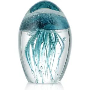 Hand Blown Glass Jellyfish Figurine Glow in The Dark Paperweight Collectible Sea Creature Statue Decor for Home Office Party Decoration and Gift (Turquoise)
