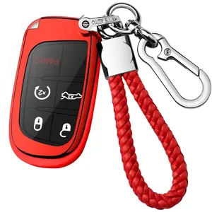 Compatible With Jeep Key Fob Cover With Leather Keychain Soft TPU Protection Key Case for Dodge Charger Challenger Dart Journey Durango Grand Caravan RAM Fiat Smart Key,Red