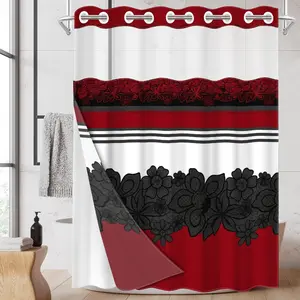 1pc hookless shower curtain with buckle lining, red background with black and white floral lace patchwork design, 2D flat printing, waterproof fabric lining, see-through double-layer shower curtain, 71 x 74 inches, modern home draping curtain.