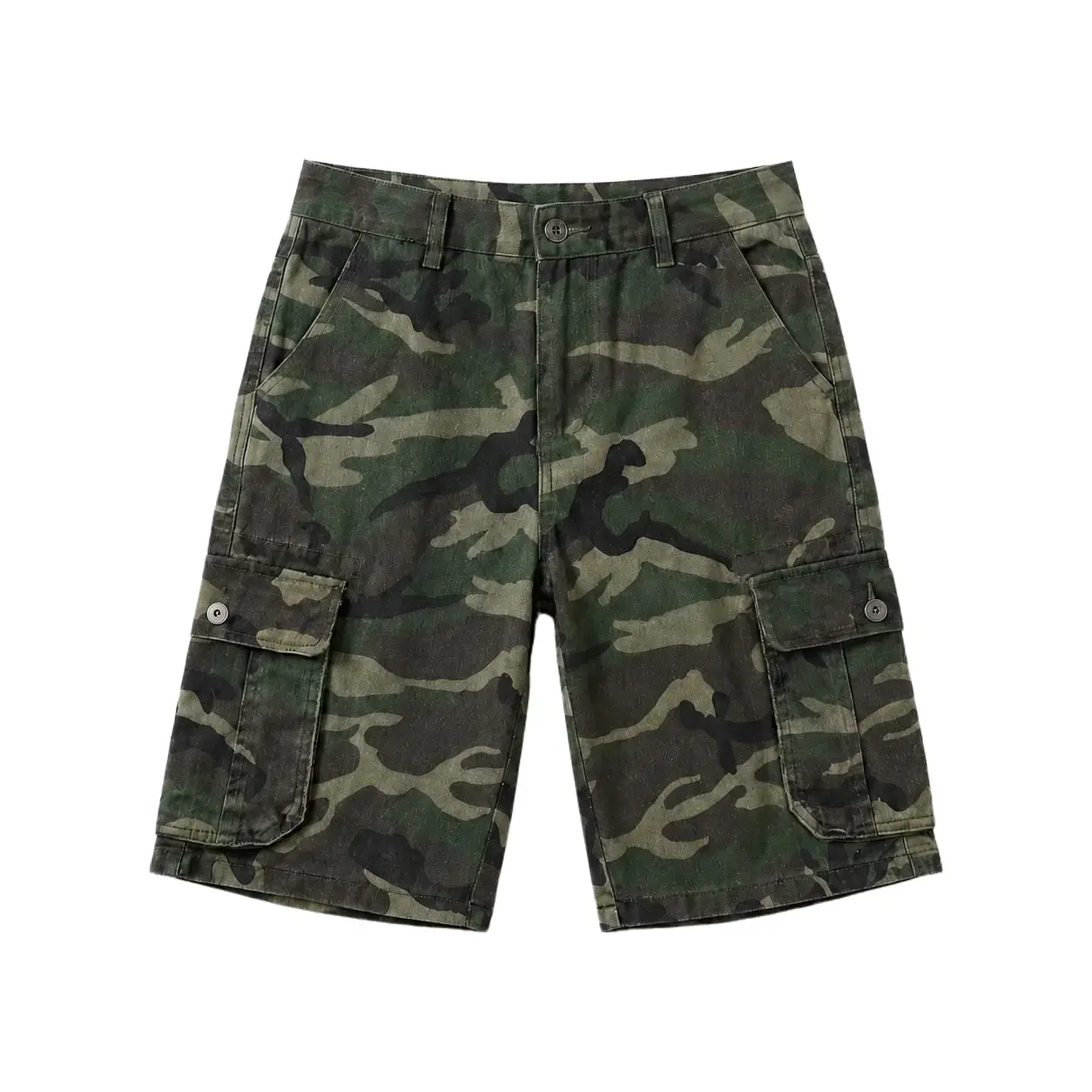 Teenagers’ retro washed distressed camouflage cargo shorts — straight-leg fit, summer, multi-pocket casual shorts, men’s