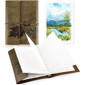 24 Sheets Watercolor Book with Leather Cover, 5.5x8.1inch Deckle Edge Water Color Paper, Cold Press Watercolor Journal, Vintage Brown Mixed Media Sketchbook for Adults Students Artists Beginners